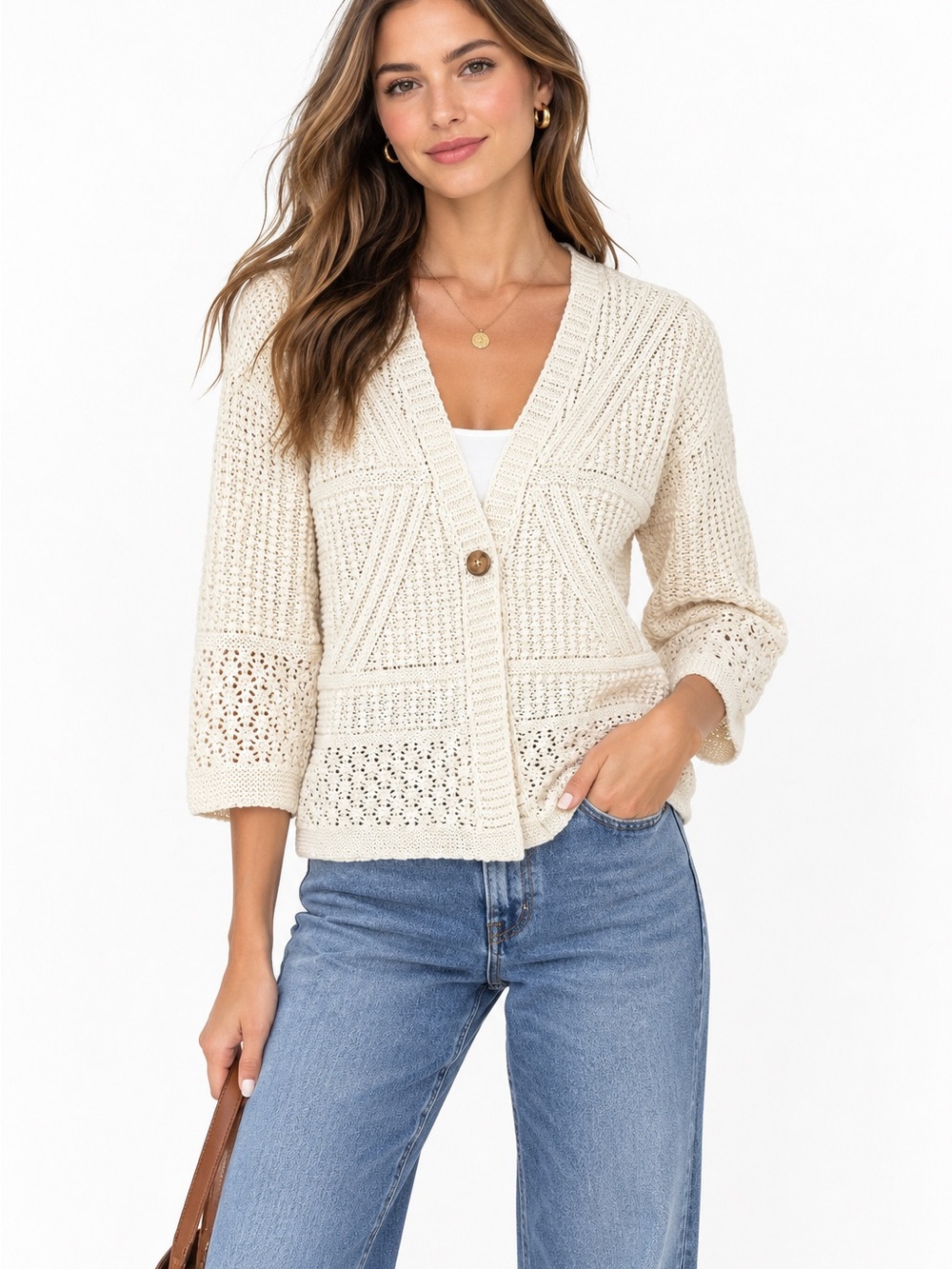 Like new J JILL Open-Knit Cream Button-Front Women's Sweater Cardigan M